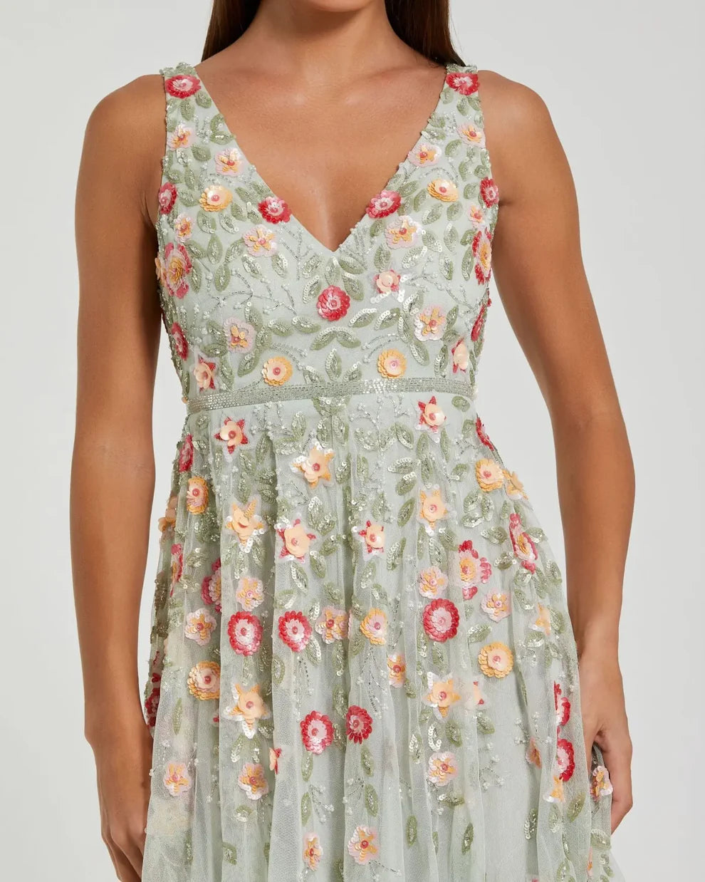 Mac Duggal 5527 V-Neck Sleeveless Midi Floral Beaded A-line Dress