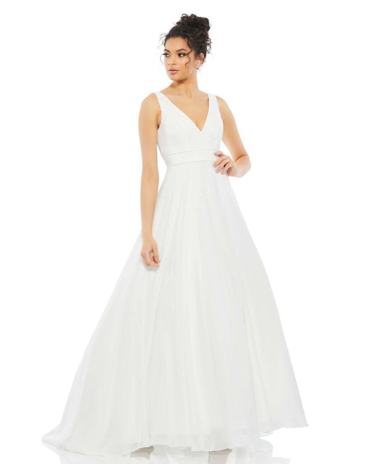 Mac Duggal 55272 White Sleeveless V Neck Chiffon Ball Gown