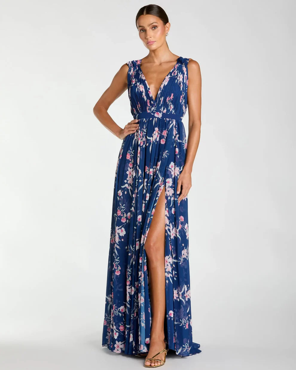 Mac Duggal 9955321P Petite Sleeveless Pleated Chiffon V-Neck Gown