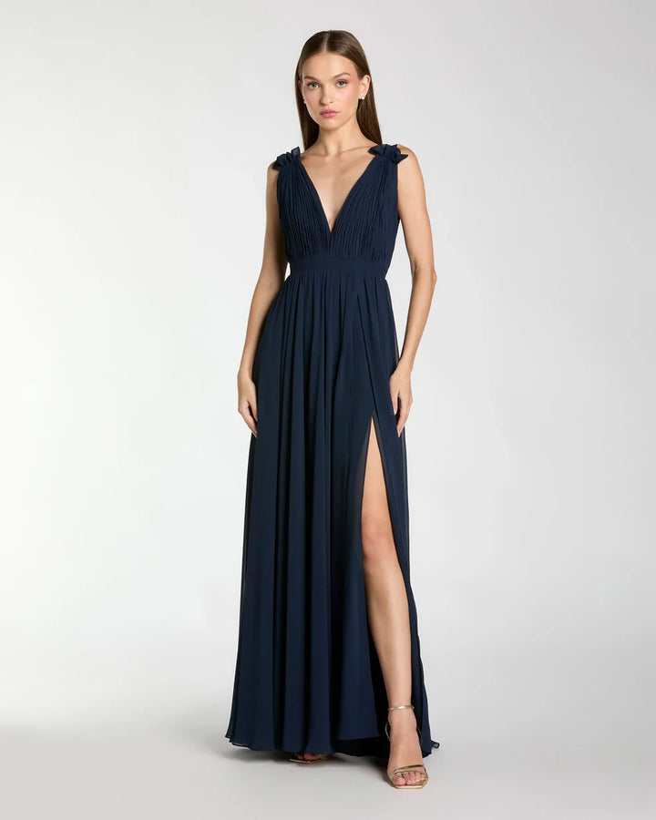 Mac Duggal 9955321P Petite Sleeveless Pleated Chiffon V-Neck Gown