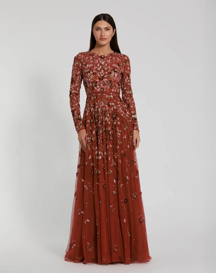 Mac Duggal 5533 Gray Embellished High Neck Long Sleeve A Line Gown