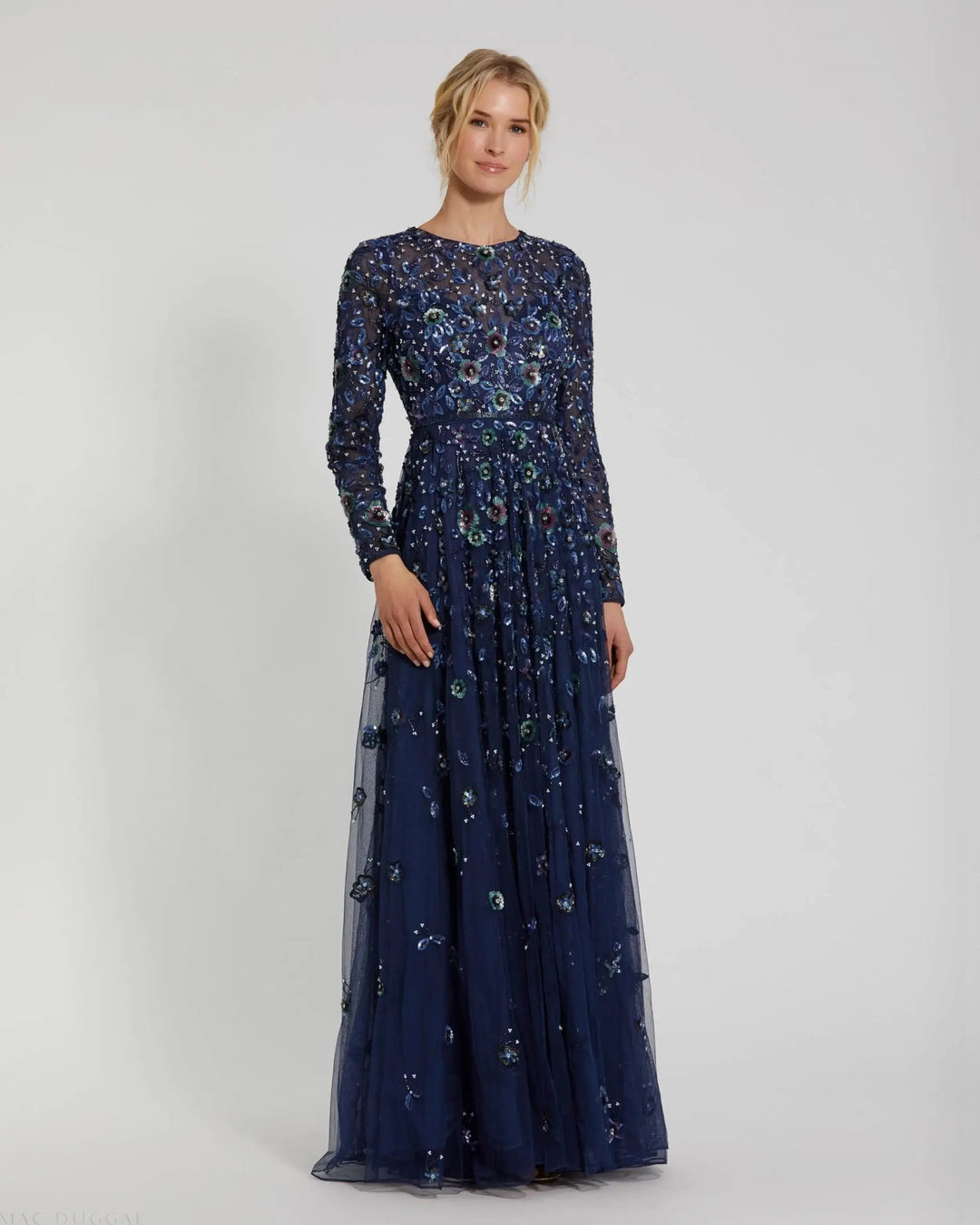 Mac Duggal 5533 Gray Embellished High Neck Long Sleeve A Line Gown