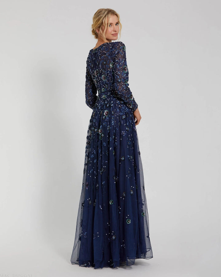 Mac Duggal 5533 Gray Embellished High Neck Long Sleeve A Line Gown