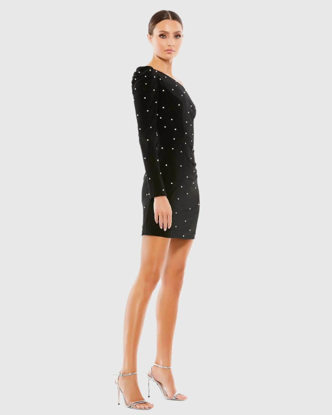 Mac Duggal 55667 Black Rhinestone Encrusted One Shoulder Long Sleeve Mini Dress