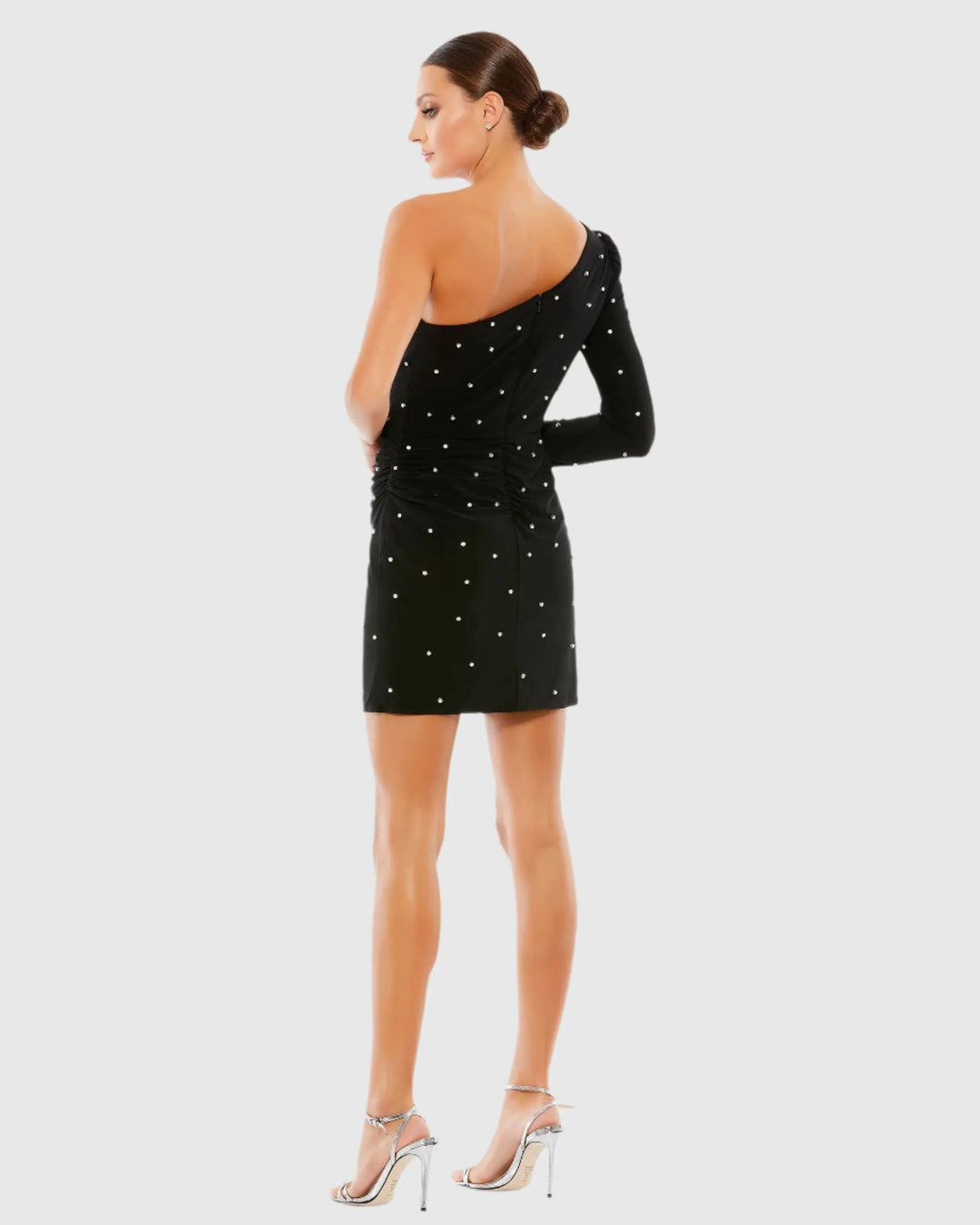 Mac Duggal 55667 Black Rhinestone Encrusted One Shoulder Long Sleeve Mini Dress