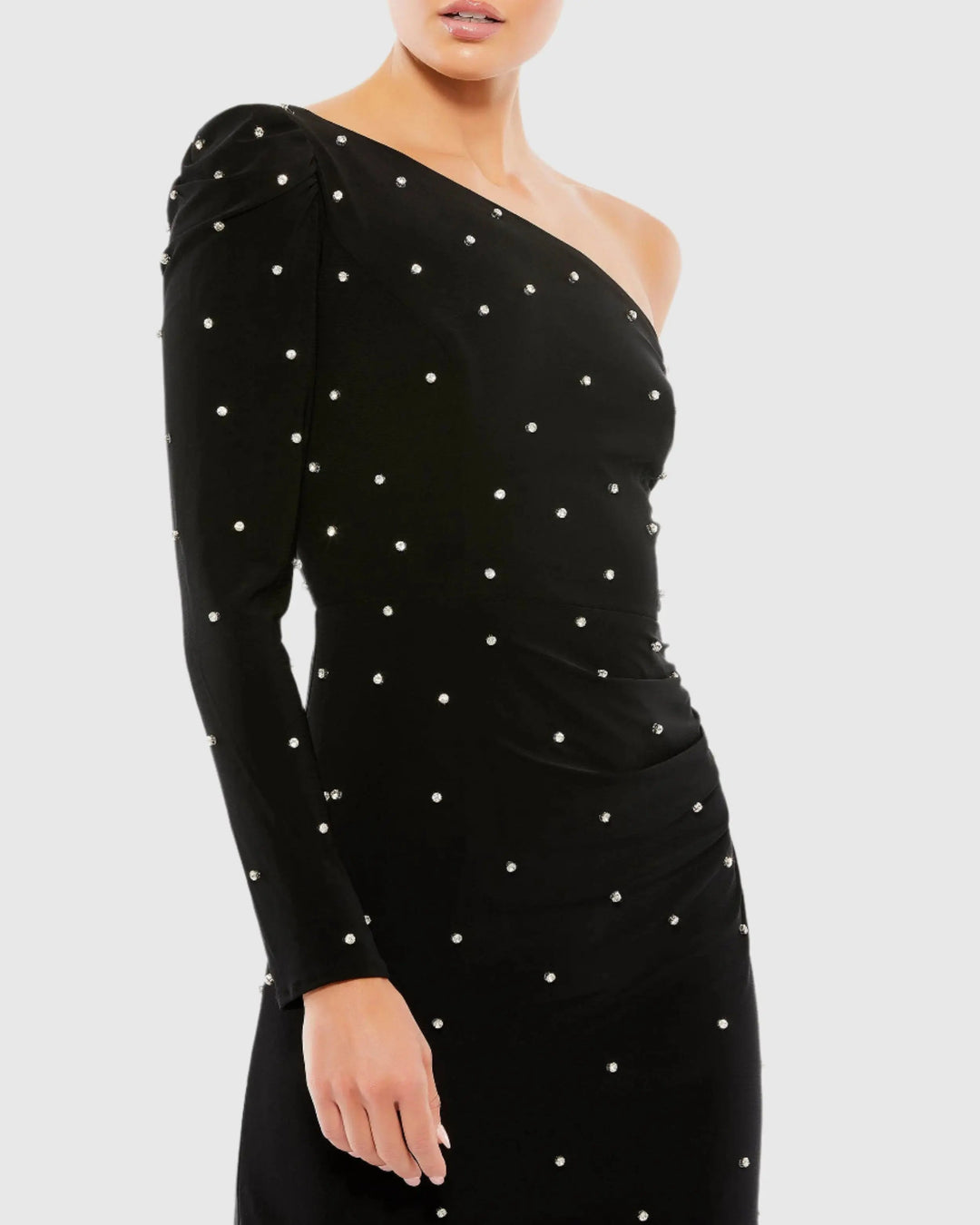 Mac Duggal 55667 Black Rhinestone Encrusted One Shoulder Long Sleeve Mini Dress