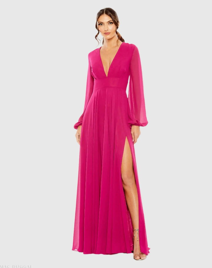 Mac Duggal 55682 V-Neck Illusion Long Sleeve Chiffon Gown