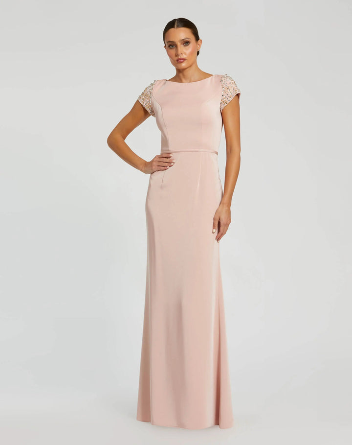 Mac Duggal 55718 Light Pink Beaded Cap Sleeve Satin Column Gown