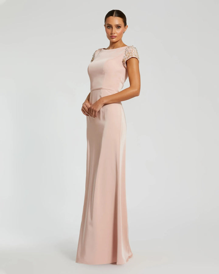 Mac Duggal 55718 Light Pink Beaded Cap Sleeve Satin Column Gown