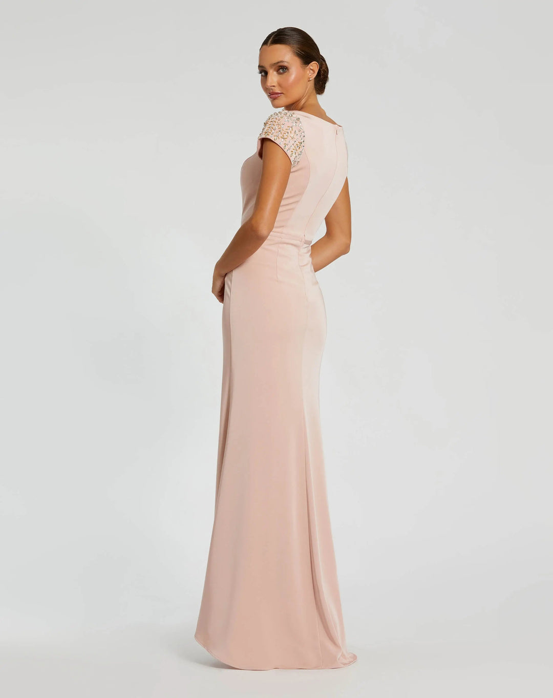 Mac Duggal 55718 Light Pink Beaded Cap Sleeve Satin Column Gown
