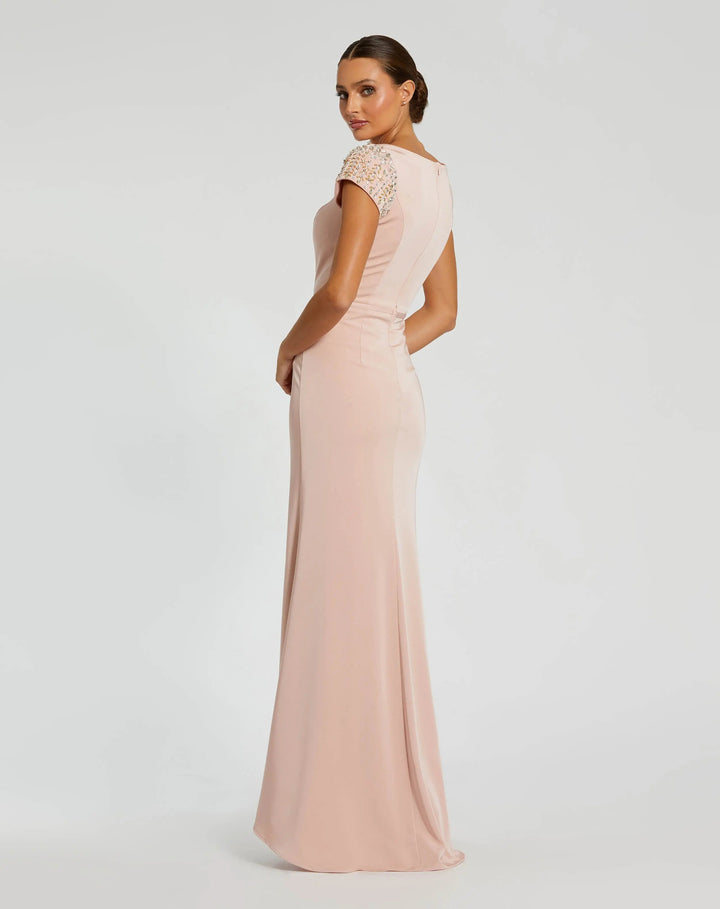 Mac Duggal 55718 Light Pink Beaded Cap Sleeve Satin Column Gown