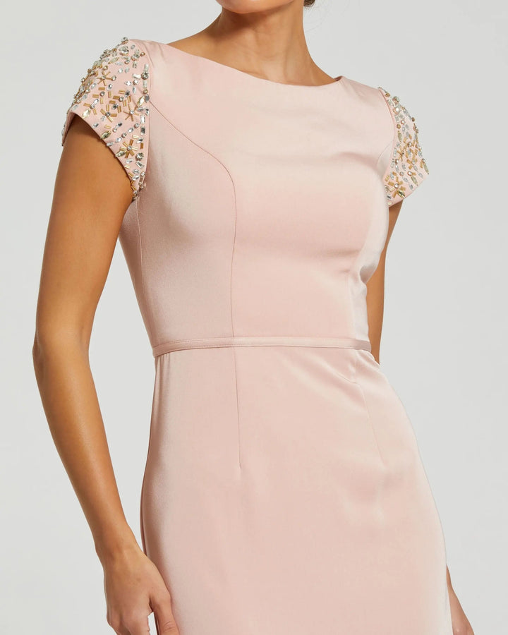 Mac Duggal 55718 Light Pink Beaded Cap Sleeve Satin Column Gown