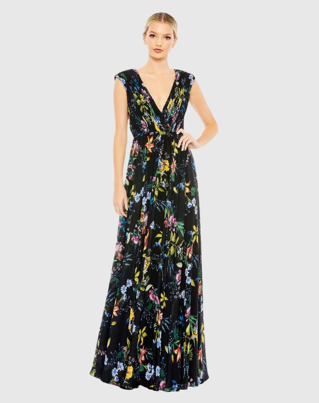 Mac Duggal 55829 Multicolor Pleated Floral Cap Sleeve A Line Gown
