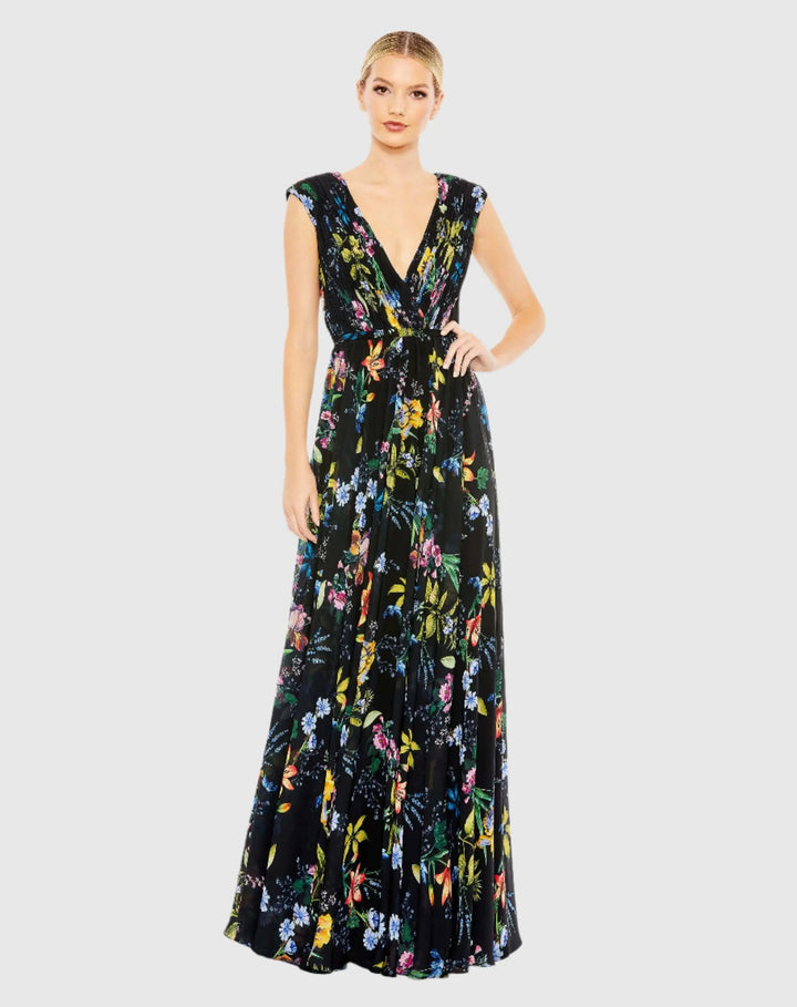 Mac Duggal 55829 Multicolor Pleated Floral Cap Sleeve A Line Gown