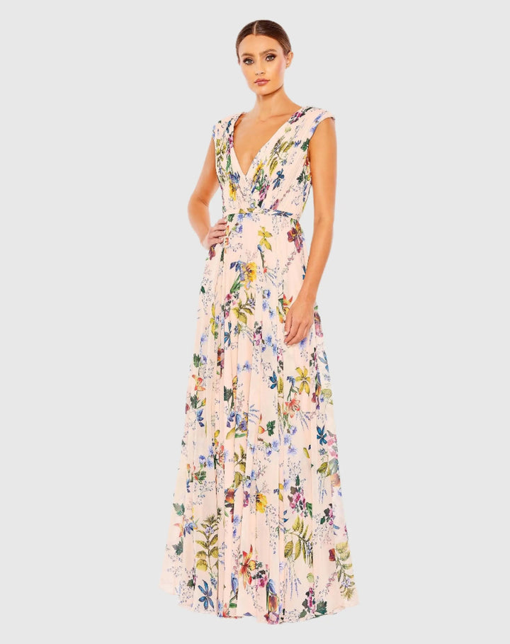 Mac Duggal 55829 Multicolor Pleated Floral Cap Sleeve A Line Gown