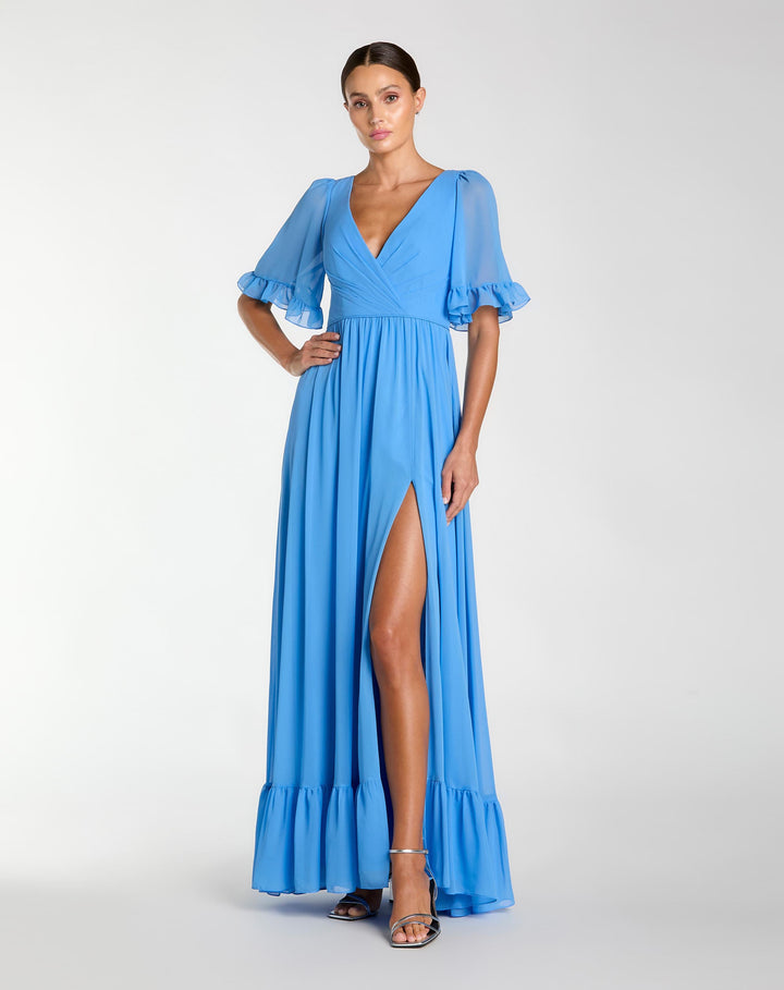 Blue Faux Wrap Ruffle Trim A-Line Gown - FOSTANI.com