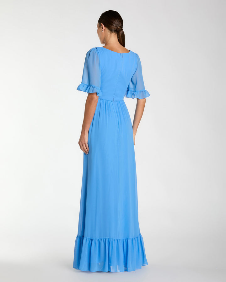 Blue Faux Wrap Ruffle Trim A-Line Gown - FOSTANI.com