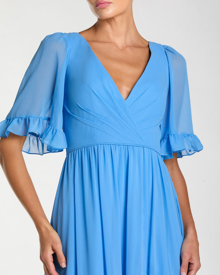 Blue Faux Wrap Ruffle Trim A-Line Gown - FOSTANI.com