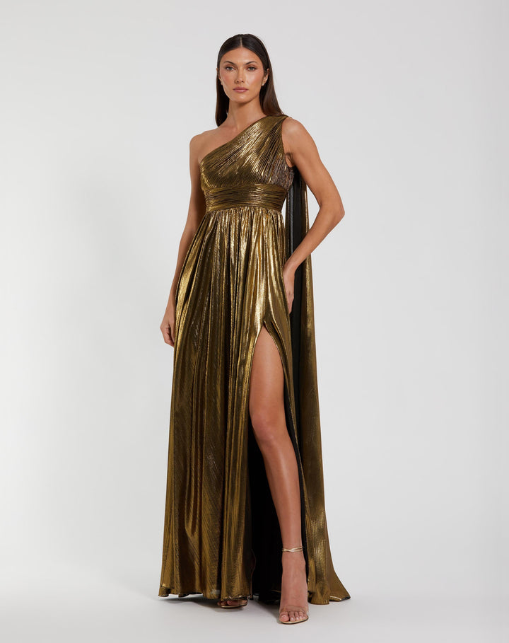 Mac Duggal 56086 Gold Metallic One Shoulder Gown With Slit