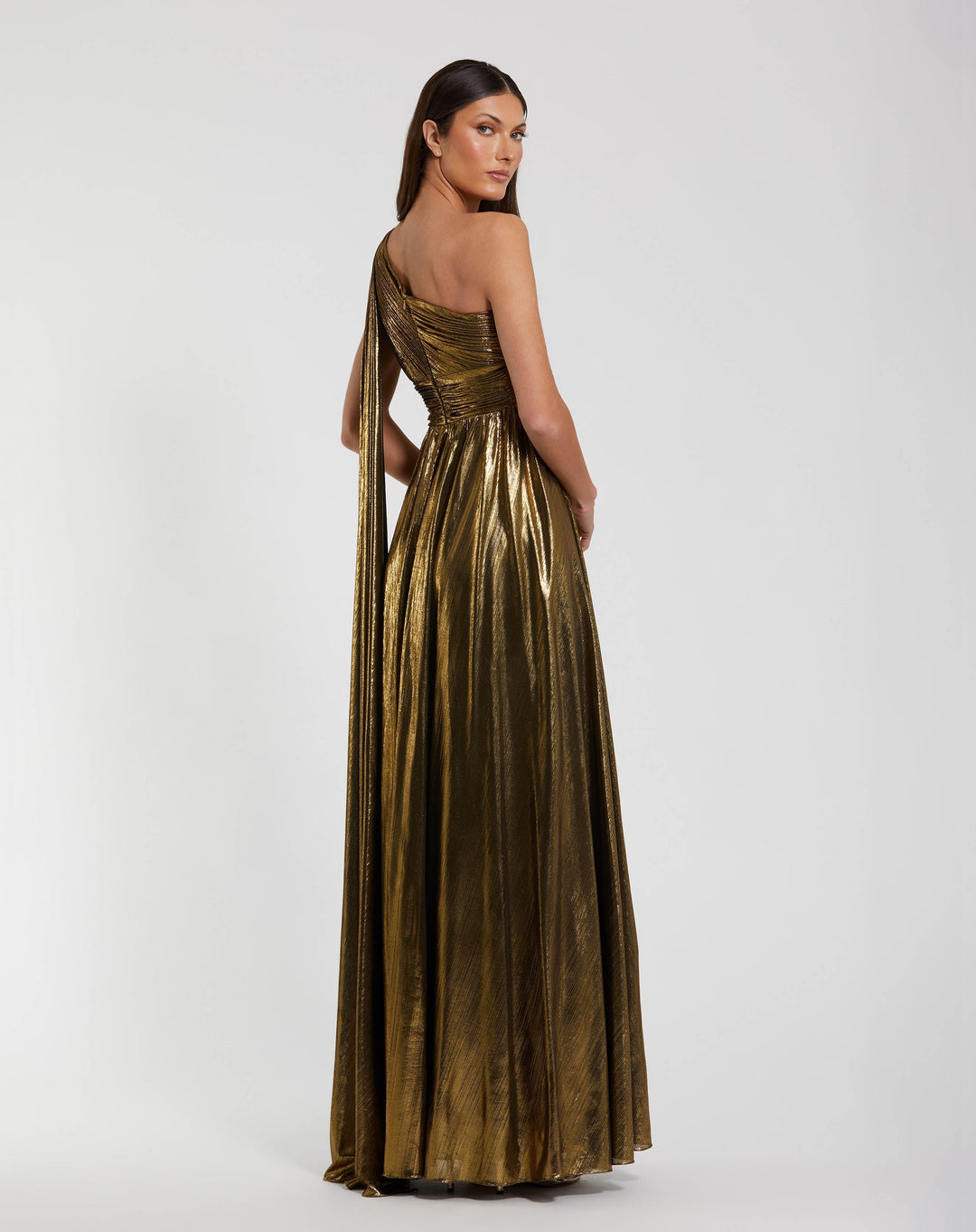 Mac Duggal 56086 Gold Metallic One Shoulder Gown With Slit