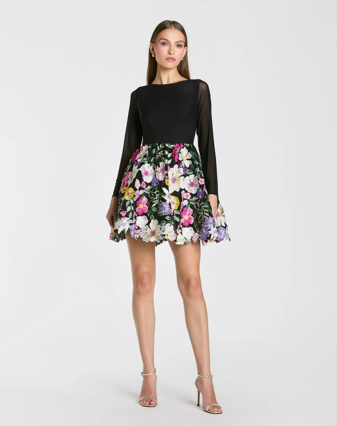 Black Long Sleeve Mini Dress With Floral Embroidery - FOSTANI.com