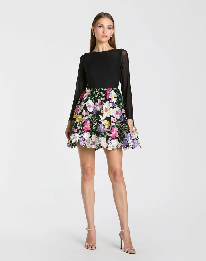 Black Long Sleeve Mini Dress With Floral Embroidery - FOSTANI.com