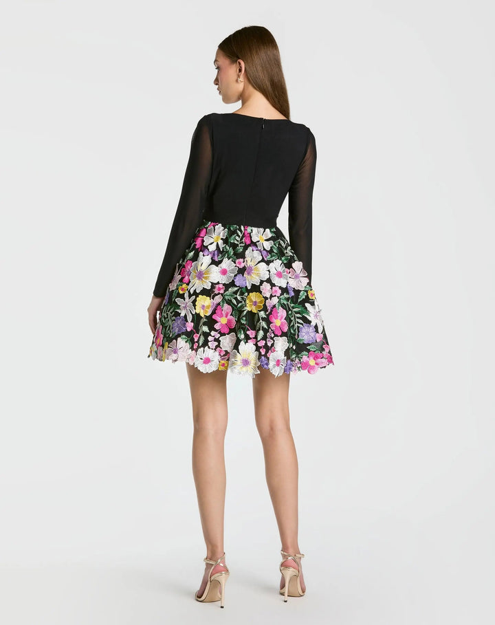 Black Long Sleeve Mini Dress With Floral Embroidery - FOSTANI.com