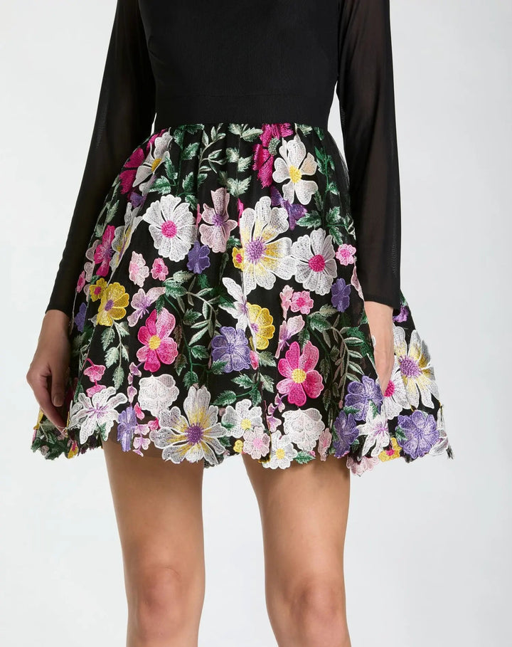 Black Long Sleeve Mini Dress With Floral Embroidery - FOSTANI.com