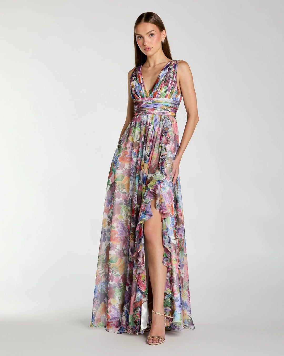 Multicolor Floral Chiffon Gown with Ruffle Slit - FOSTANI.com