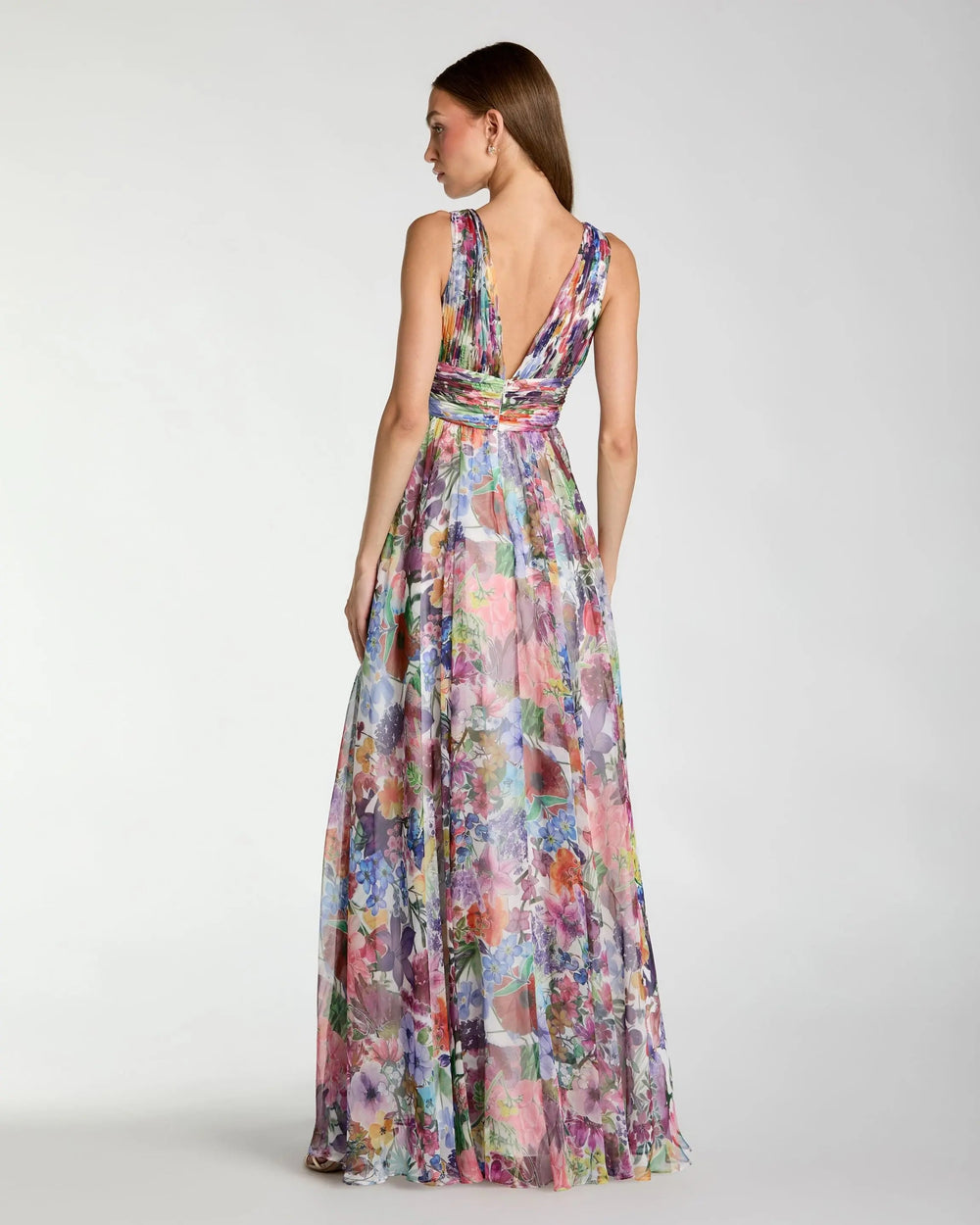 Multicolor Floral Chiffon Gown with Ruffle Slit - FOSTANI.com