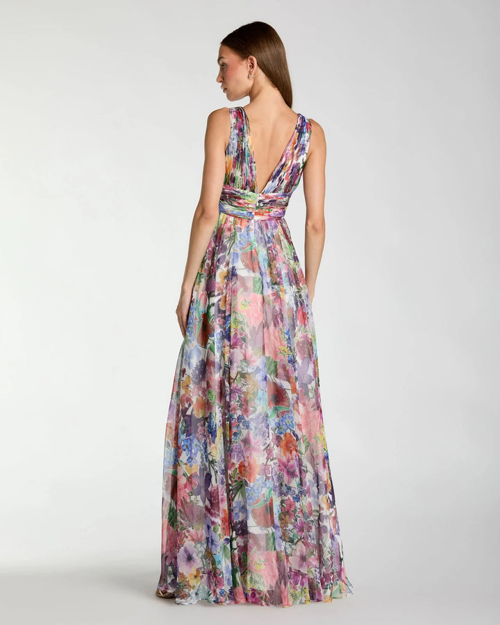 Multicolor Floral Chiffon Gown with Ruffle Slit - FOSTANI.com