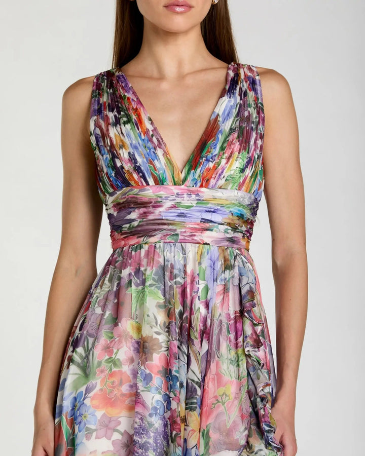 Multicolor Floral Chiffon Gown with Ruffle Slit - FOSTANI.com