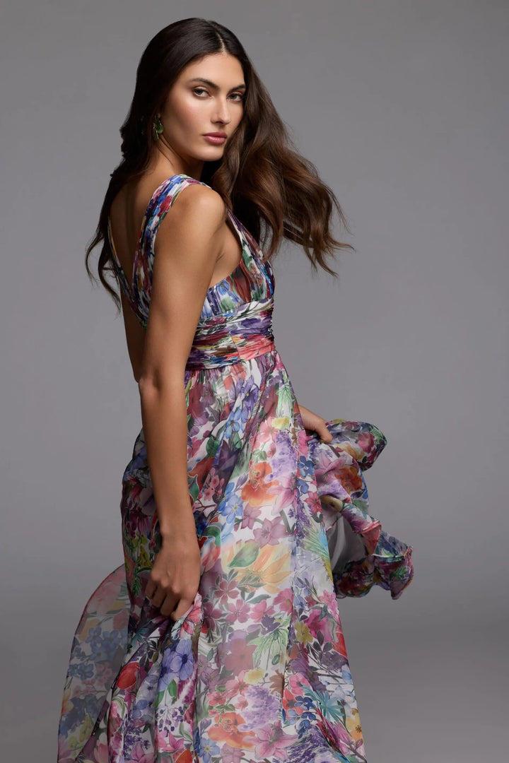 Multicolor Floral Chiffon Gown with Ruffle Slit - FOSTANI.com
