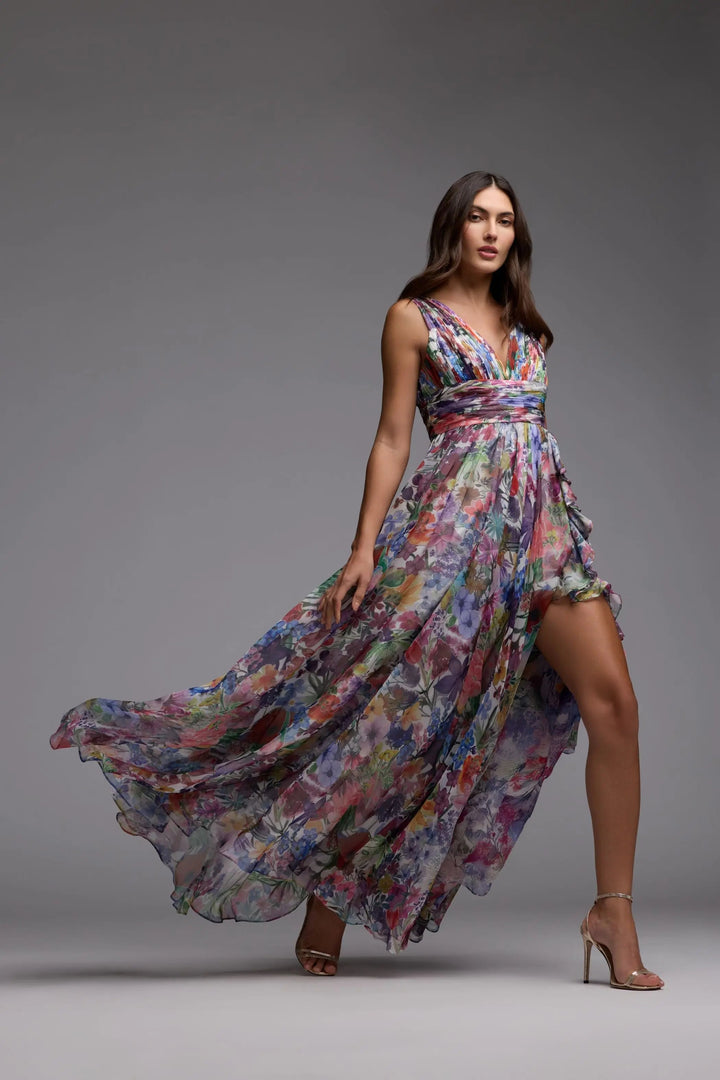 Multicolor Floral Chiffon Gown with Ruffle Slit - FOSTANI.com