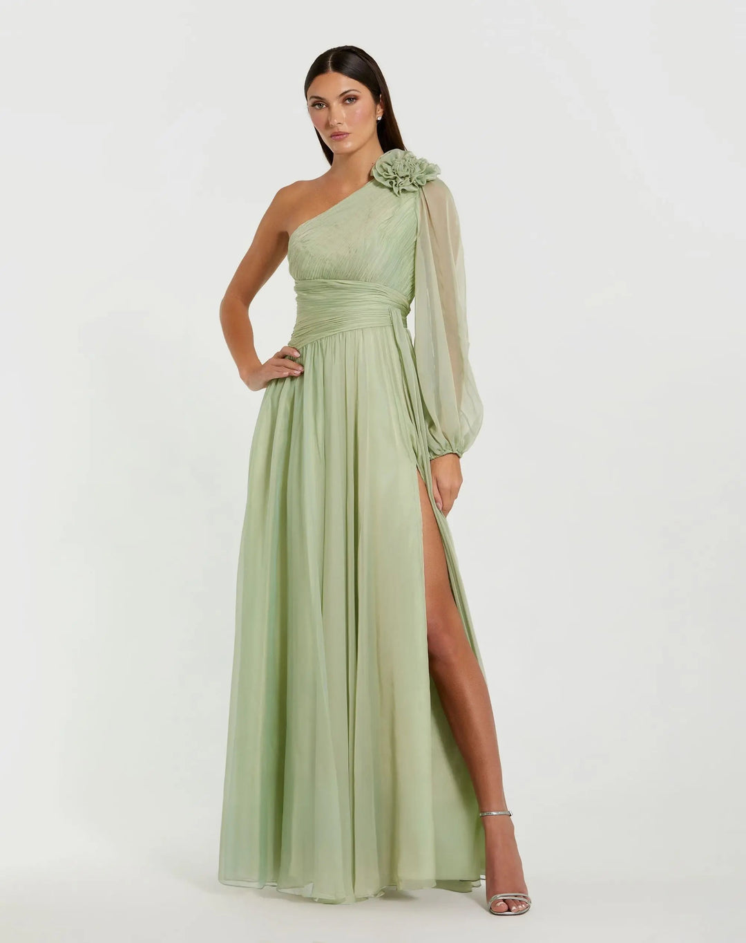 Green One Shoulder 3D Flower Gown With Slit - FOSTANI.com