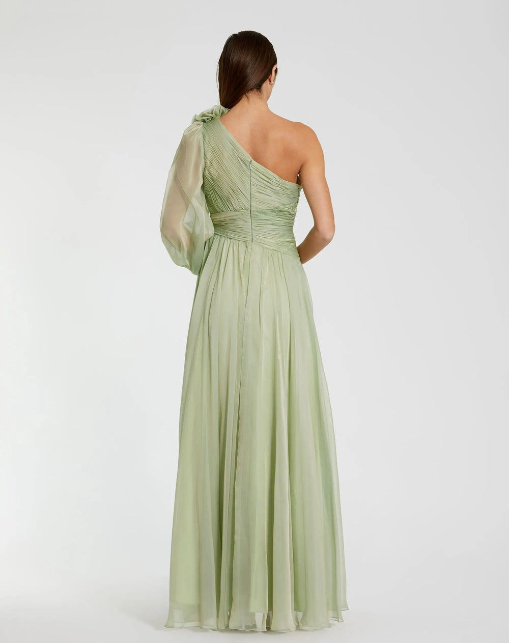 Green One Shoulder 3D Flower Gown With Slit - FOSTANI.com