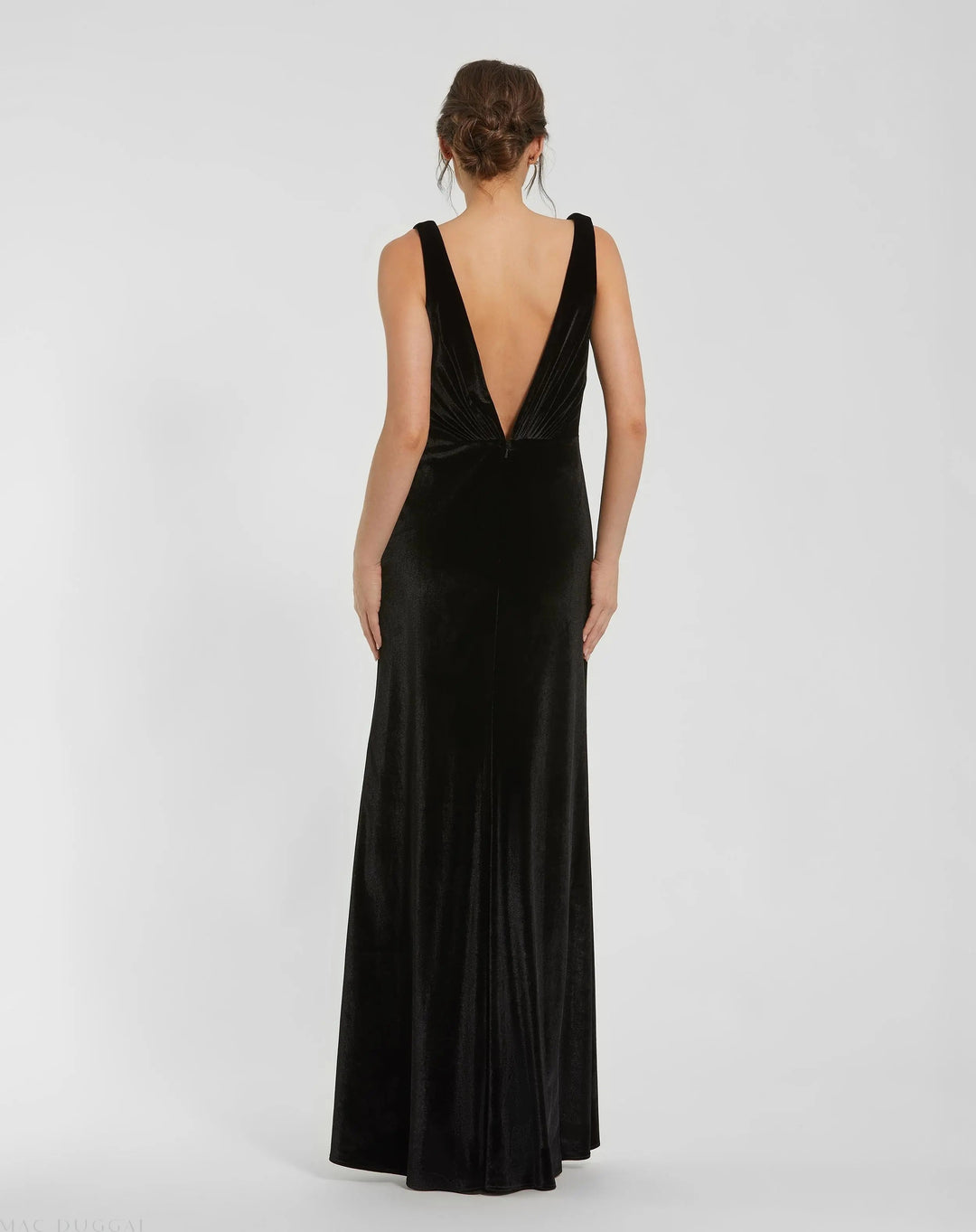 Mac Duggal 56144 Black Deep V High Slit Draped Velvet Fitted Gown