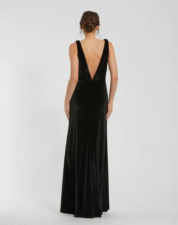 Mac Duggal 56144 Black Deep V High Slit Draped Velvet Fitted Gown