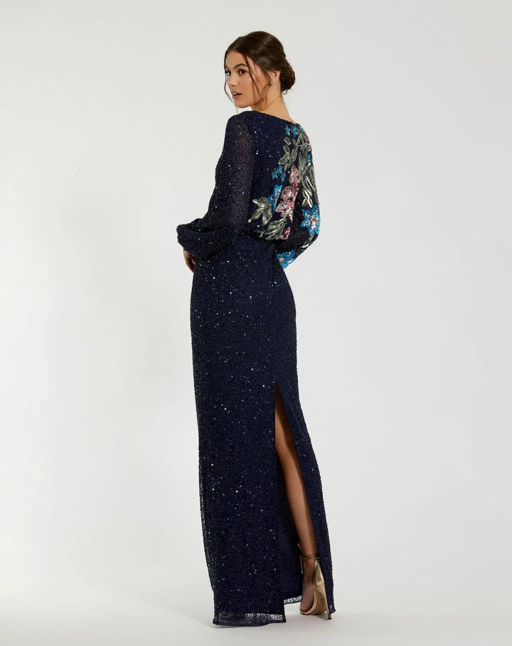 Mac Duggal 5615 Navy High Neck Long Sleeve Sequin Evening Gown
