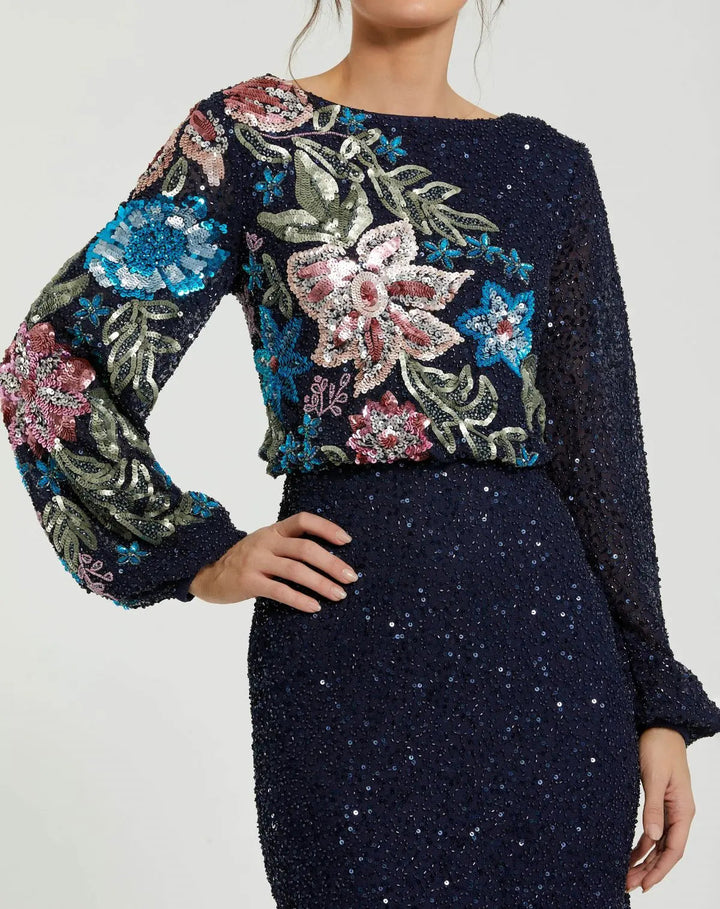 Mac Duggal 5615 Navy High Neck Long Sleeve Sequin Evening Gown
