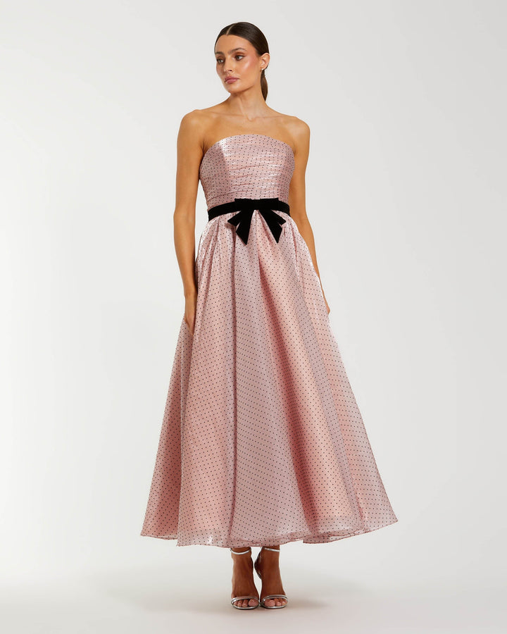Pink Polka Dot Organza Strapless Midi Dress With Velvet Bow - FOSTANI.com