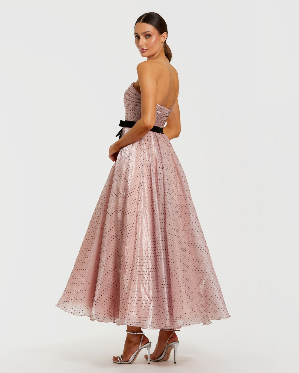 Pink Polka Dot Organza Strapless Midi Dress With Velvet Bow - FOSTANI.com