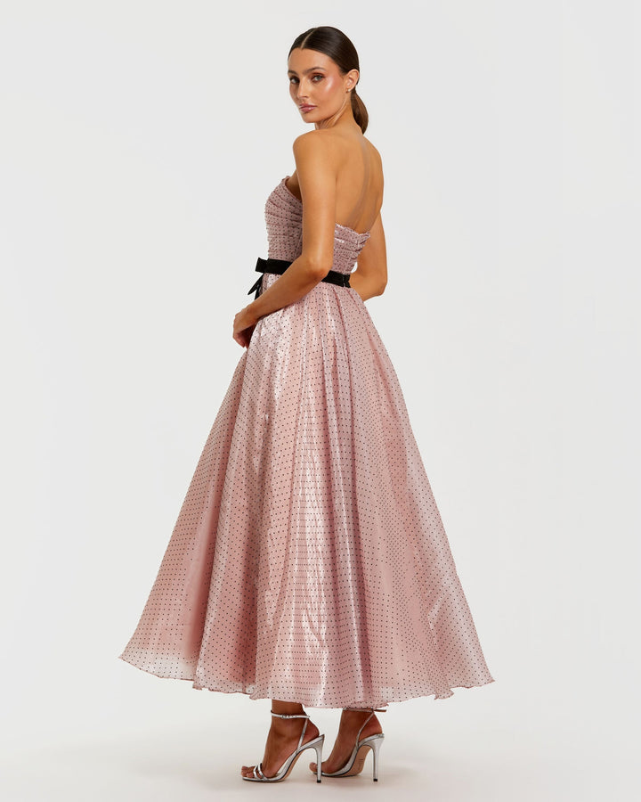 Pink Polka Dot Organza Strapless Midi Dress With Velvet Bow - FOSTANI.com