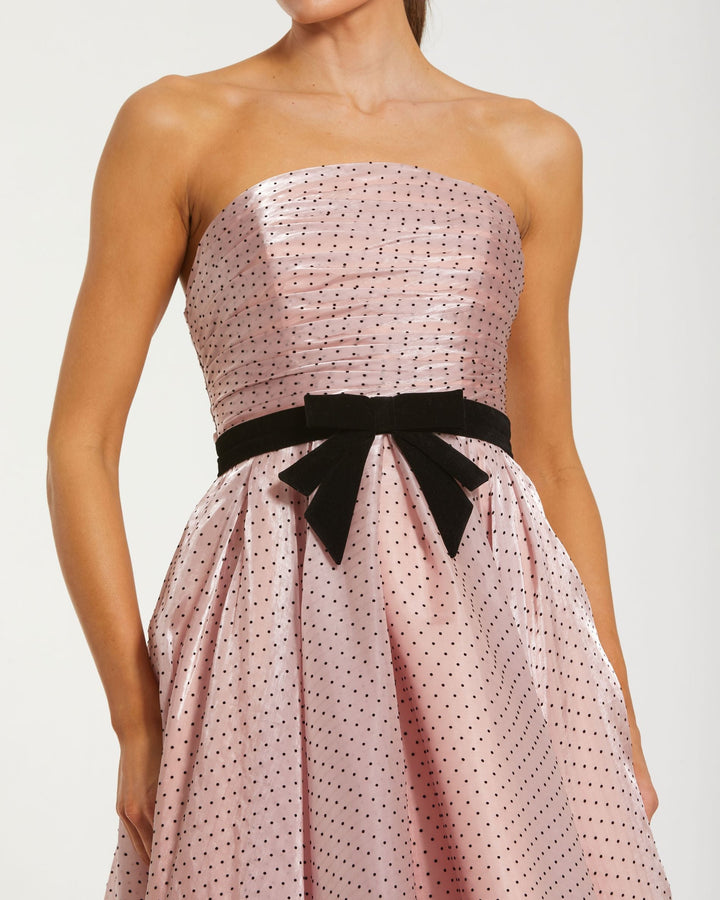 Pink Polka Dot Organza Strapless Midi Dress With Velvet Bow - FOSTANI.com