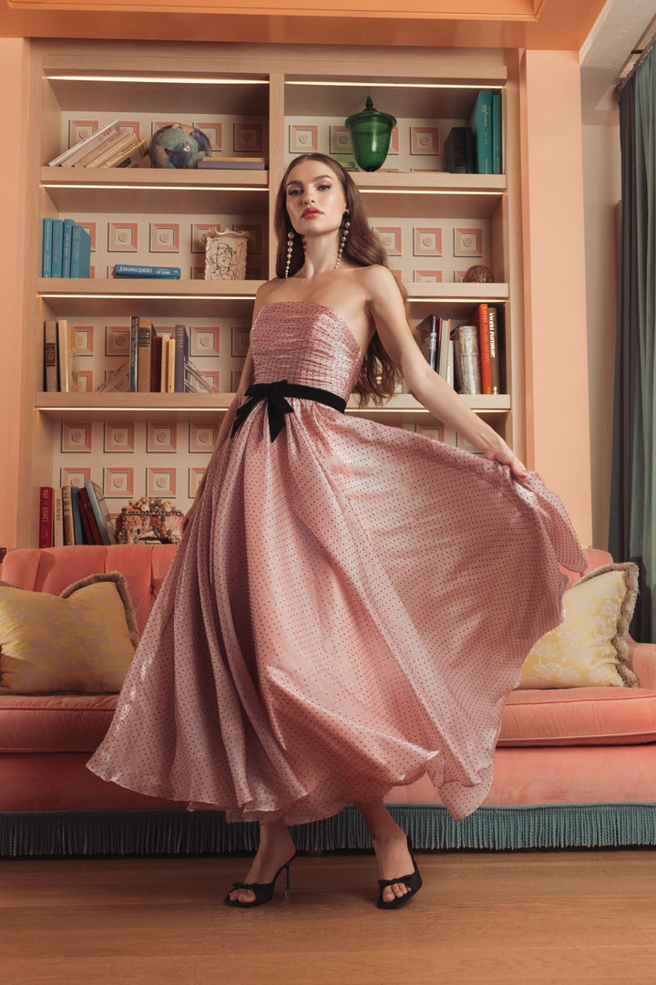 Pink Polka Dot Organza Strapless Midi Dress With Velvet Bow - FOSTANI.com