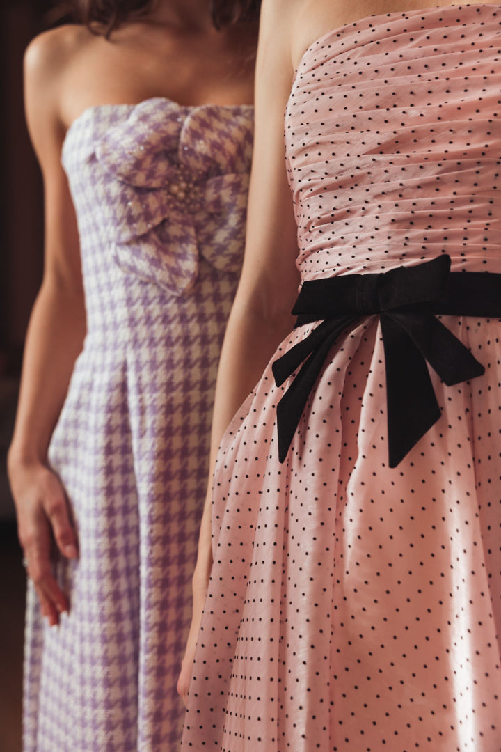 Pink Polka Dot Organza Strapless Midi Dress With Velvet Bow - FOSTANI.com