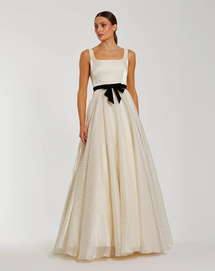Mac Duggal 56185 Ivory Polka Dot Square Neck Ball Gown With Bow
