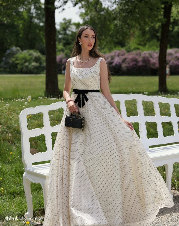 Mac Duggal 56185 Ivory Polka Dot Square Neck Ball Gown With Bow