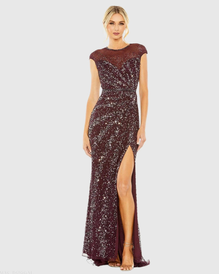 Mac Duggal 5619 Blue Embellished Illusion High Neck Cap Sleeve Gown