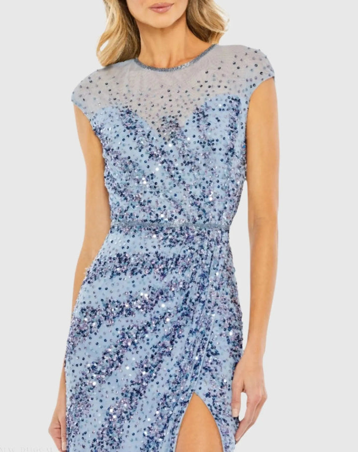 Mac Duggal 5619 Blue Embellished Illusion High Neck Cap Sleeve Gown